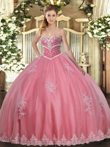 Colorful Watermelon Red Tulle Lace Up Sweetheart Sleeveless Floor Length 15 Quinceanera Dress Beading and Appliques