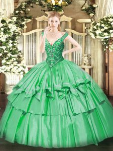 Colorful V-neck Sleeveless Quinceanera Dresses Floor Length Beading and Ruffled Layers Green Organza and Taffeta