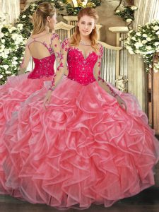  Ball Gowns Vestidos de Quinceanera Watermelon Red Scoop Organza Long Sleeves Floor Length Lace Up