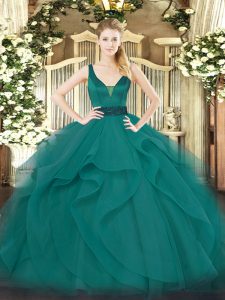Sophisticated Teal Tulle Zipper Quinceanera Dresses Sleeveless Floor Length Beading and Ruffles