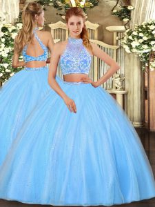 Colorful Floor Length Aqua Blue Quince Ball Gowns Tulle Sleeveless Beading