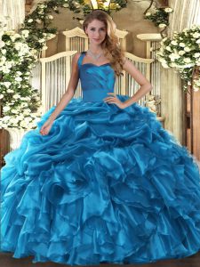  Baby Blue Lace Up Halter Top Ruffles and Pick Ups Ball Gown Prom Dress Organza Sleeveless