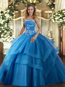  Baby Blue Ball Gowns Strapless Sleeveless Tulle Floor Length Lace Up Beading and Ruffled Layers Quinceanera Gown