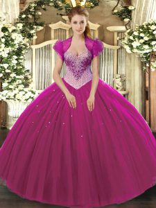 Stunning Fuchsia Sleeveless Floor Length Beading Lace Up Quinceanera Gown
