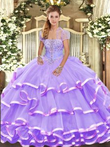 Custom Design Sleeveless Organza Floor Length Lace Up Sweet 16 Quinceanera Dress in Lavender with Beading and Ruffled Layers