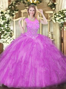High End Scoop Sleeveless Zipper Quinceanera Gowns Lilac Tulle