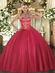Wonderful Coral Red Ball Gowns Beading Sweet 16 Quinceanera Dress Lace Up Satin Sleeveless Floor Length