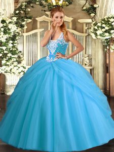 Custom Designed Aqua Blue Sleeveless Beading and Pick Ups Floor Length Quinceanera Dresses