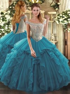 Perfect Floor Length Lace Up Sweet 16 Dresses Teal for Sweet 16 and Quinceanera with Beading and Ruffles