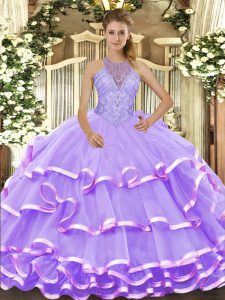  Sleeveless Floor Length Beading and Ruffled Layers Lace Up Quinceanera Dress with Lavender