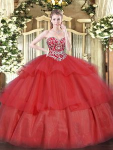 Stylish Beading and Ruffled Layers 15 Quinceanera Dress Red Lace Up Sleeveless Floor Length