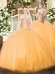  Off The Shoulder Sleeveless Lace Up 15 Quinceanera Dress Orange Tulle