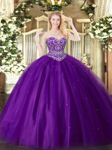Custom Made Floor Length Lace Up Vestidos de Quinceanera Purple for Military Ball and Sweet 16 and Quinceanera with Beading