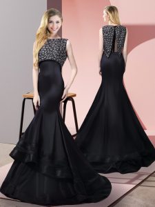 Custom Design Bateau Sleeveless Dress for Prom Floor Length Sweep Train Beading Black Taffeta and Elastic Woven Satin