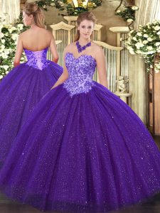  Purple Tulle Lace Up Sweetheart Sleeveless Floor Length Sweet 16 Dresses Beading