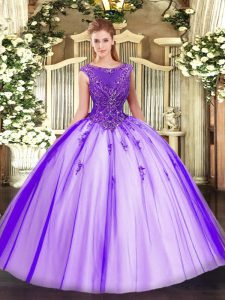 On Sale Purple Zipper Scoop Beading and Appliques Quince Ball Gowns Tulle Sleeveless