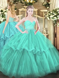Deluxe Sweetheart Sleeveless Quinceanera Gowns Brush Train Beading and Lace and Ruffled Layers Turquoise Tulle