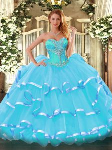 Latest Aqua Blue Ball Gowns Beading and Ruffled Layers Quinceanera Gowns Lace Up Organza Sleeveless