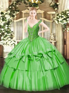 Customized Ball Gowns Beading and Ruffled Layers Ball Gown Prom Dress Lace Up Organza and Taffeta Sleeveless Floor Length