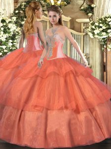 Captivating Tulle Sweetheart Sleeveless Lace Up Beading and Ruffled Layers Quinceanera Gown in Coral Red