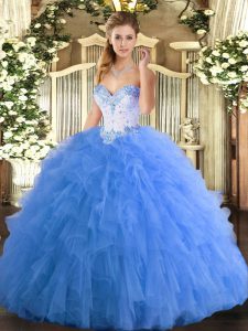  Baby Blue Tulle Lace Up Sweet 16 Dress Sleeveless Floor Length Beading and Ruffles