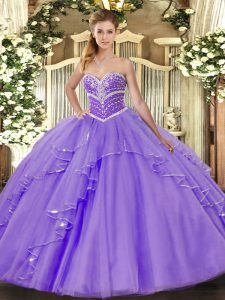  Sweetheart Sleeveless Quinceanera Dress Floor Length Beading and Ruffles Lavender Tulle