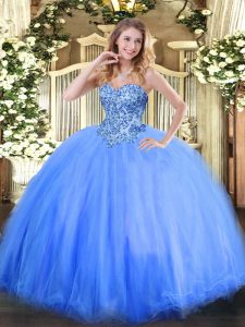 Hot Sale Sweetheart Sleeveless Tulle Quince Ball Gowns Appliques Lace Up