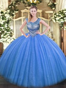 Chic Floor Length Blue Sweet 16 Dress Scoop Sleeveless Lace Up