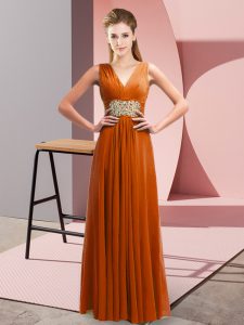  Sleeveless Floor Length Beading and Ruching Side Zipper Dress for Prom with Rust Red