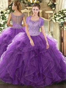 Top Selling Lavender Scoop Neckline Beading and Ruffled Layers Quinceanera Dresses Sleeveless Clasp Handle
