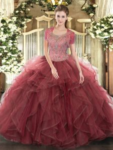Smart Burgundy Ball Gowns Scoop Sleeveless Tulle Floor Length Clasp Handle Beading and Ruffled Layers Quinceanera Dress