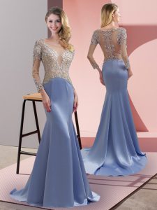 High Quality Lavender Zipper Scoop Beading Prom Party Dress Elastic Woven Satin 3 4 Length Sleeve Brush Train
