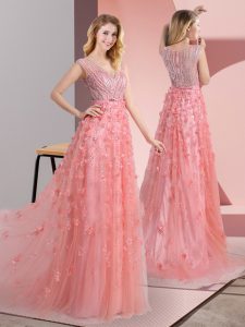  Pink Tulle Zipper V-neck Sleeveless Prom Dress Sweep Train Beading and Appliques