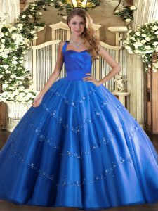  Ball Gowns 15 Quinceanera Dress Blue Halter Top Tulle Sleeveless Floor Length Lace Up
