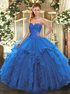  Sleeveless Tulle Floor Length Lace Up Sweet 16 Quinceanera Dress in Blue with Beading and Ruffles