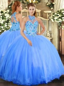 Custom Made Halter Top Sleeveless Lace Up Sweet 16 Quinceanera Dress Blue Tulle
