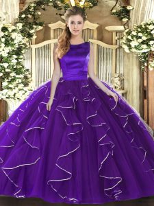  Sleeveless Tulle Floor Length Lace Up Sweet 16 Dress in Purple with Ruffles