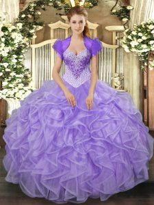 Comfortable Lavender Sleeveless Floor Length Beading and Ruffles Lace Up Quinceanera Dress