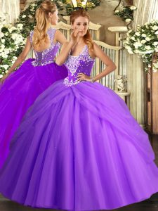  Straps Sleeveless Ball Gown Prom Dress Floor Length Beading and Pick Ups Lavender Tulle