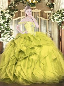 Hot Selling Organza Off The Shoulder Sleeveless Lace Up Beading and Ruffles Sweet 16 Dresses in Olive Green