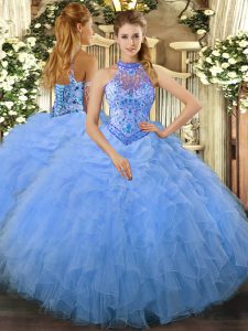 Flirting Baby Blue Lace Up Quinceanera Gowns Beading and Ruffles Sleeveless Floor Length