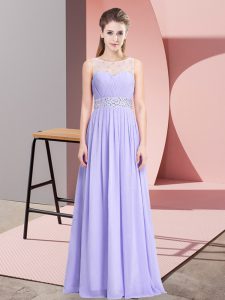  Floor Length Lavender Prom Gown Chiffon Sleeveless Beading