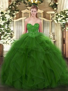 Beauteous Green Ball Gowns Tulle Sweetheart Sleeveless Beading Floor Length Lace Up Sweet 16 Quinceanera Dress