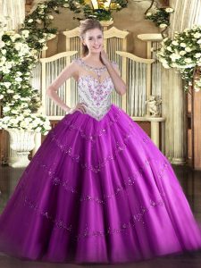 Custom Fit Tulle Scoop Sleeveless Zipper Beading and Appliques Quinceanera Gowns in Fuchsia