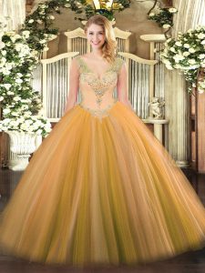 Cute Floor Length Ball Gowns Sleeveless Gold Vestidos de Quinceanera Lace Up