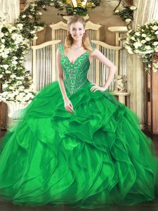 Enchanting Green Organza Lace Up V-neck Sleeveless Floor Length Ball Gown Prom Dress Beading and Ruffles