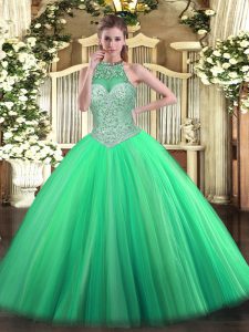  Green Tulle Lace Up Halter Top Sleeveless Floor Length Quinceanera Dresses Beading