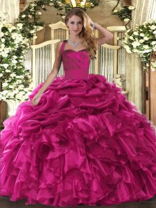 Dynamic Ball Gowns 15th Birthday Dress Hot Pink Halter Top Organza Sleeveless Floor Length Lace Up