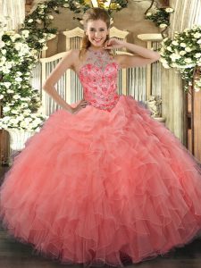 New Style Watermelon Red Lace Up Sweet 16 Quinceanera Dress Beading and Embroidery Sleeveless Floor Length