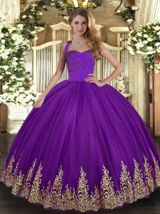 Shining Purple Sleeveless Tulle Lace Up 15th Birthday Dress for Military Ball and Sweet 16 and Quinceanera